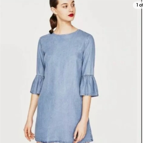 Zara Chambray Ruffle 3/4 Sleeve Light Denim Mini Dress Size M - Picture 5 of 12